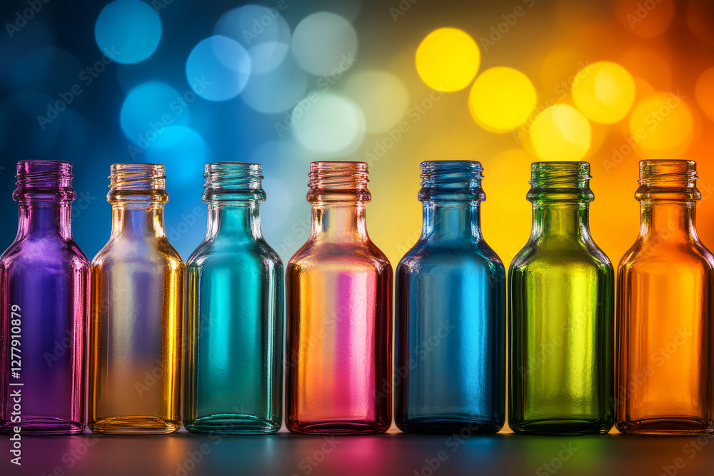 Poster colorful glass bottles displayed with bokeh background in vibrant light setup