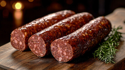 Cervelat Sausage firm texture with a smoky aroma deep reddish-brown exterior with a slightly wrinkled surface