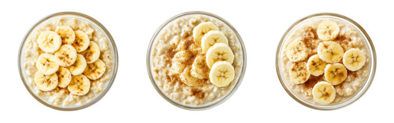 Set of creamy oatmeal in a transparent bowl with banana slices and cinnamon garnish isolated on white or transparent background.