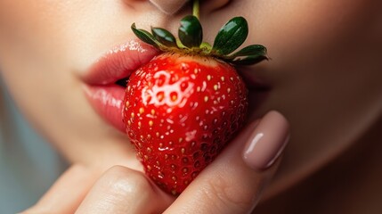 Obraz premium Close-up of a woman's lips pressing against a succulent strawberry, with juice glistening on her lips.
