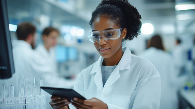 diverse team of researchers analyzing data in laboratory setting, showcasing collaboration and innovation. focus is on woman in lab coat using tablet, emphasizing scientific research