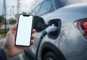 Man holding a mobile phone with a white screen while charging a vehicle at an electric station.