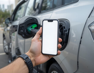 Man holding a mobile phone with a white screen while charging a vehicle at an electric station.
