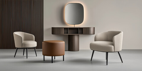 Mid century modern furniture, Modern interior featuring stylish chairs and a round table against a minimalist backdrop with a mirror.