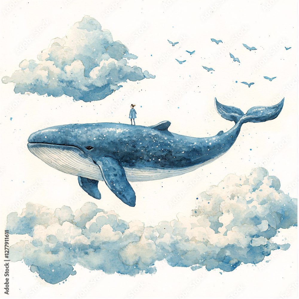 Poster whale soaring through clouds with a person standing on its back.
