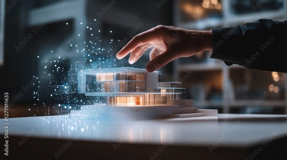 Poster hand interacting with a modern architectural model with digital particles