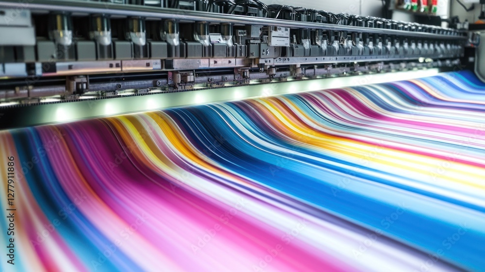Poster large format printer creating colorful abstract design on fabric