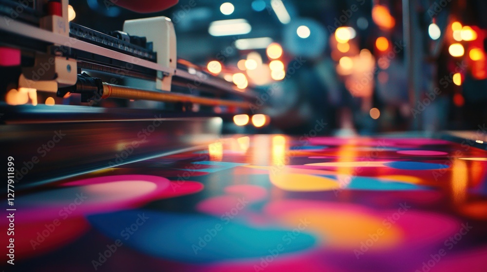 Poster large format printer processes colorful graphic on printing material