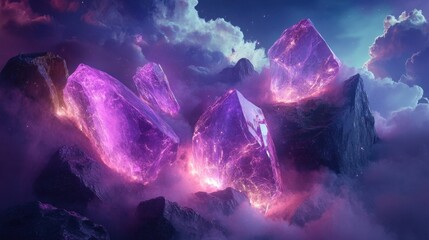 Digital rocks emitting light energy glowing minerals floating ethereal clouds 
