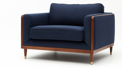 Mid century modern furniture, Navy blue armchair with a textured fabric and wooden frame, exuding modern elegance and comfort.