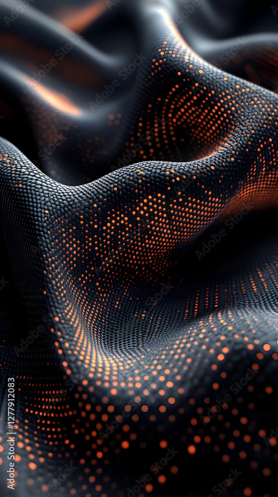 Poster abstract dark wavy surface with orange illuminated dots futuristic pattern