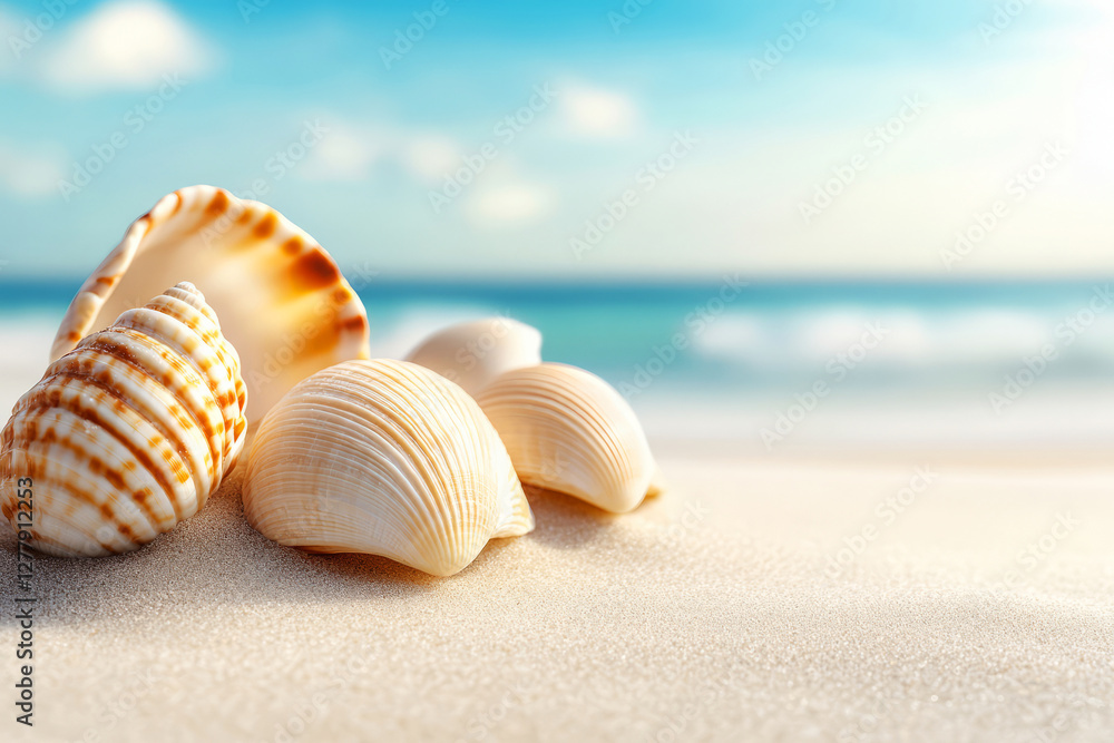 Poster close-up view of various sea shells on soft sand with blurred ocean background