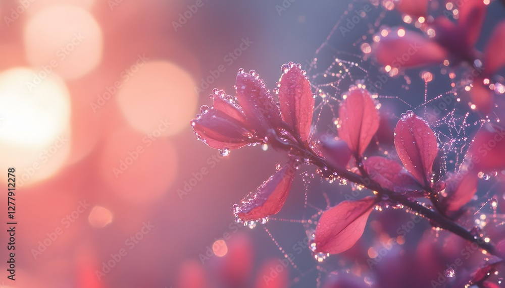 Poster branch with red leaves adorned with dew and spiderwebs