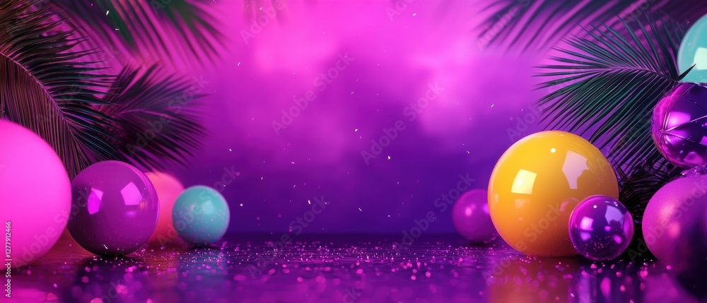 Poster modern abstract 3d design with colorful spheres and reflections on a vibrant background
