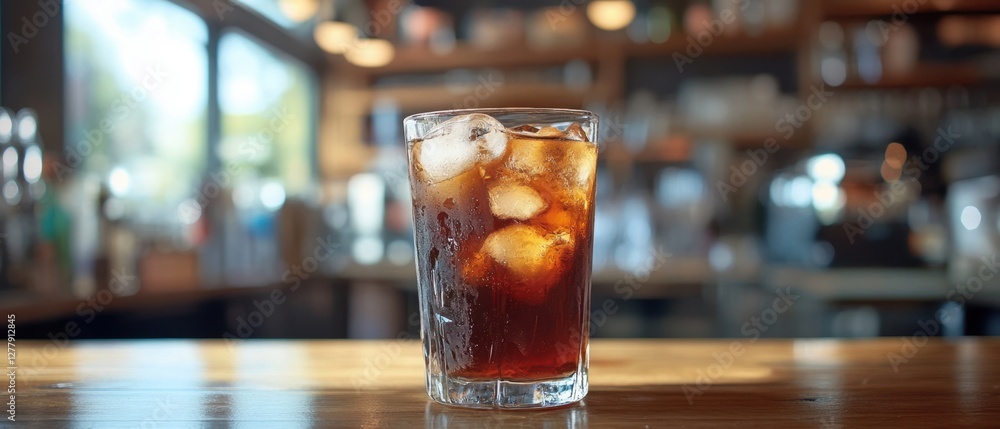 Poster refreshing cola drink with ice cubes on a wooden table at a bar providing a cool and inviting visual