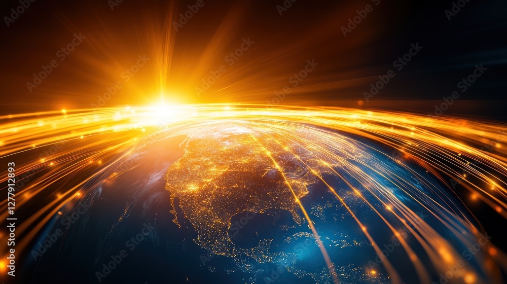 Poster earth illuminated with glowing network lines representing global connectivity