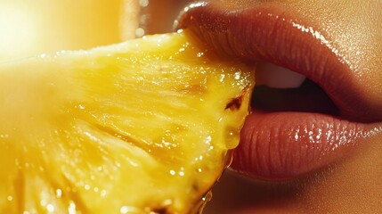 High-definition close-up of lips biting into a fresh pineapple chunk, juice sparkling under the light.