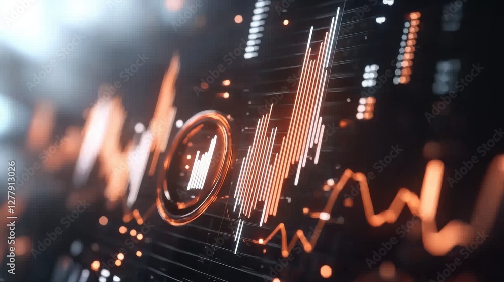Poster futuristic digital financial data visualization with glowing graphs and charts