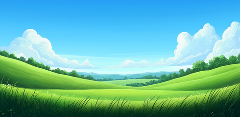 Obraz premium Vibrant Green Grass Field Under Clear Blue Sky, Symbolizing Nature, Freshness, and Tranquility in an Open Landscape