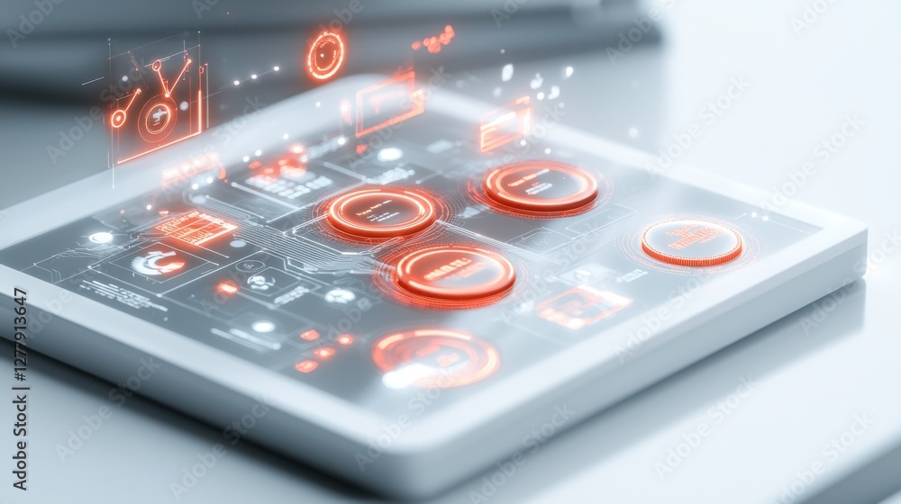 Poster futuristic digital interface with touch screen controls and red symbols