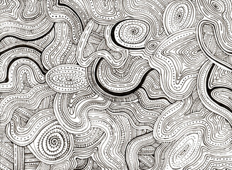 Background filled with patterns. Thin black and gray lines, dots, waves on a white background. Doodle. Chaotic ornament. Texture.