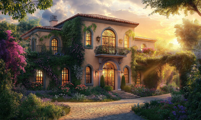 Naklejka premium Impressive Villa with Detailed Threshold and Serene Flower Garden in the Front Yard