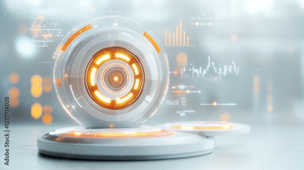 Poster futuristic holographic data visualization and analysis interface concept with glowing 3d elements an