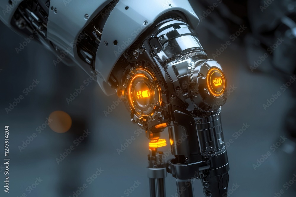 Poster close-up shot of a futuristic robot arm with glowing orange details and complex mechanical design, s