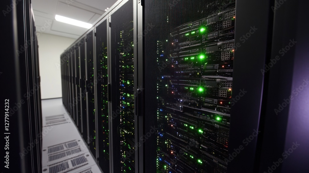 Poster rows of server racks with blinking lights in a data center