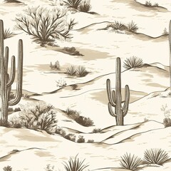 Desert Cactus Seamless Pattern Toile Inspired Textile Design