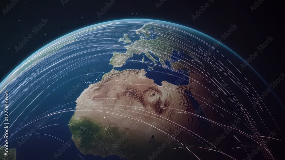 Poster earth seen from space with global connection lines emanating