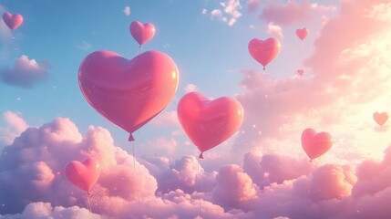 Pink Heart Balloons Floating in a Dreamy Sky