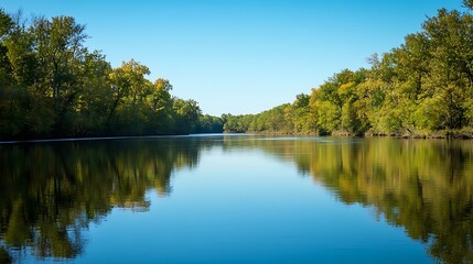Tranquil River Scene with Autumnal Trees Reflecting