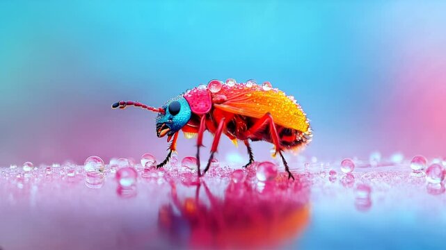 A vibrant close-up of a colorful beetle on a dewy surface, showcasing its striking hues against a soft, blurred background.