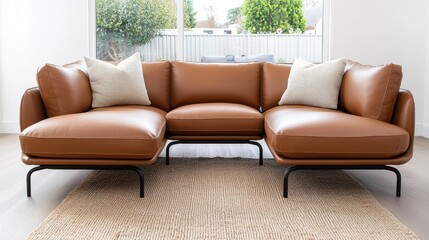 Mid century modern furniture, Stylish brown leather sofa with decorative cushions, set in a bright room with natural light and a rug.