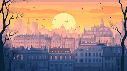 Cityscape Sunset Silhouette Buildings Birds Sky