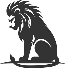 A lion sitting alone with a lowered head