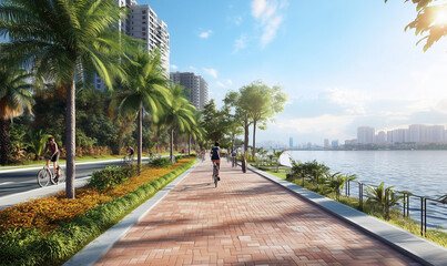 Vibrant Riverfront Promenade Featuring Cyclists Captured in a Striking Side View for Editorial Stock Photography