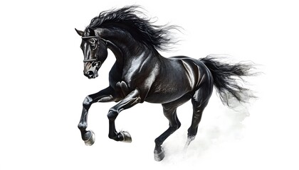 Powerful black stallion gracefully gallops against a clean white background