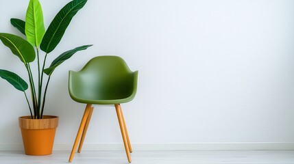 Fototapeta premium Mid century modern furniture, A modern green chair next to a potted plant, set against a minimalist white wall, creating a fresh and inviting interior space.