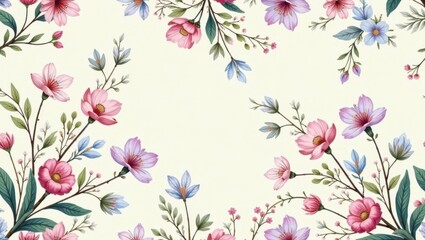Elegant Floral Border Design Featuring Delicate Pink and Purple Blossoms on a Soft Cream Background