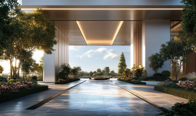 Fototapeta premium Exclusive Penthouse Grand Entrance Adorned with Impeccable Manicured Gardens Showcasing Urban Luxury and Refined Sophistication