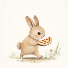 Obraz premium Cute bunny carrying a pizza slice of pepperoni pizza 
