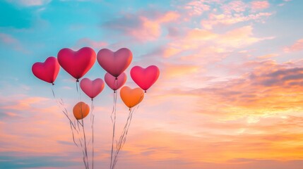 Fototapeta premium Heart-Shaped Balloons Ascending into a Vibrant Sunset Sky