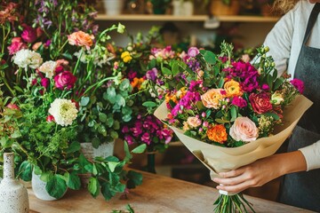 A skilled florist proudly presents a vibrant bouquet wrapped in paper, surrounded by an array of beautiful flowers in a charming, flourishing flower shop environment.