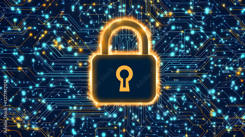 Poster Digital padlock on a vibrant tech background representing cybersecurity