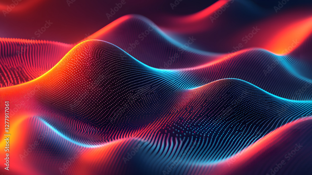 Poster abstract colorful waves with glowing particles in a digital landscape