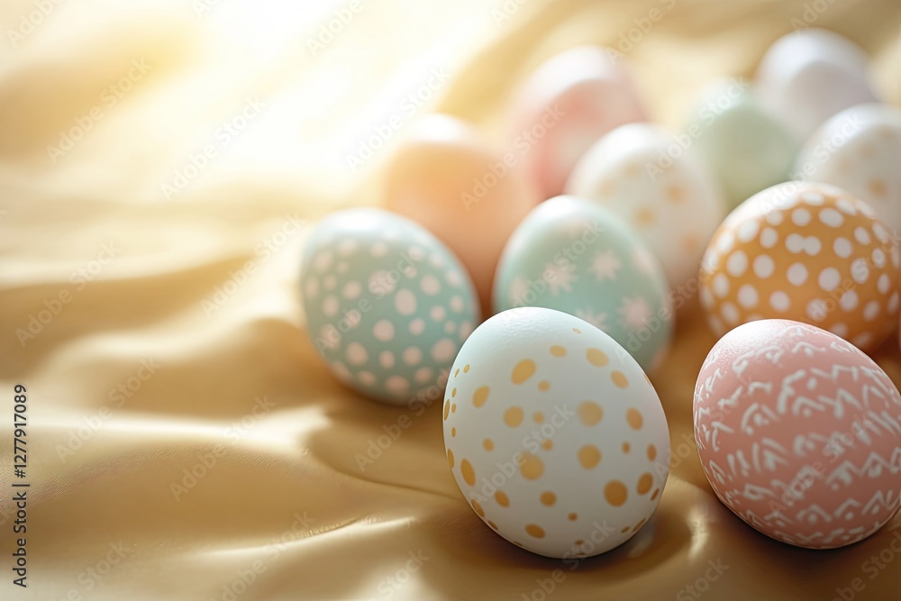 Poster colorful eggs with intricate patterns arranged on soft golden fa