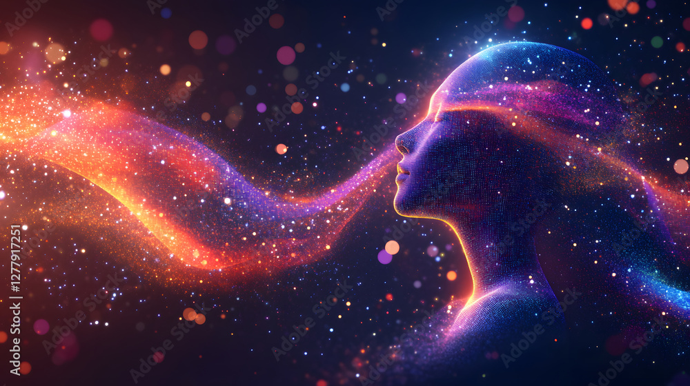 Poster Abstract profile with colorful cosmic elements and flowing light