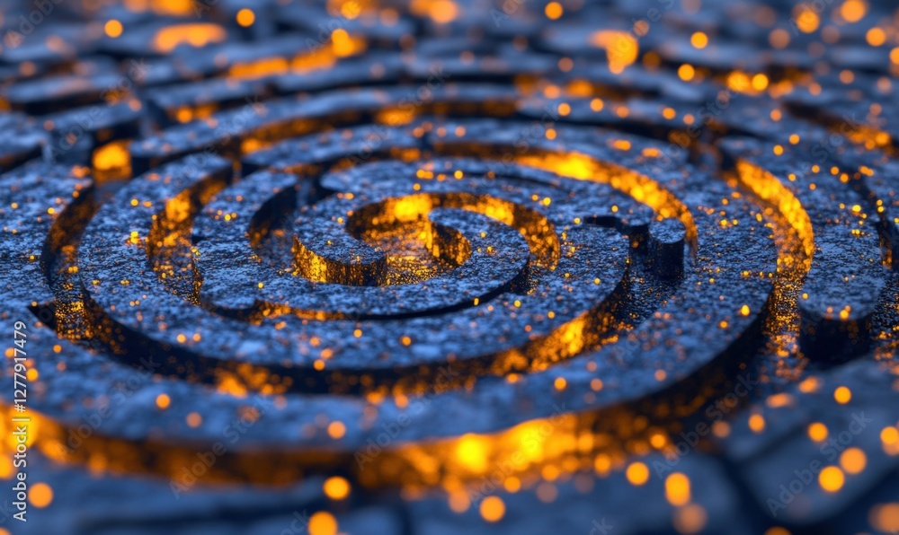 Poster a mesmerizing spiral pattern illuminated by glowing embers on a textured surface, creating an enchan